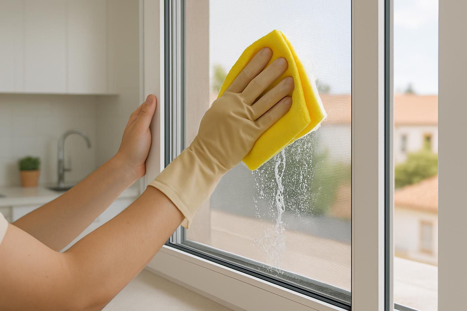Limpieza de mosquitera con paño suave y agua jabonosa