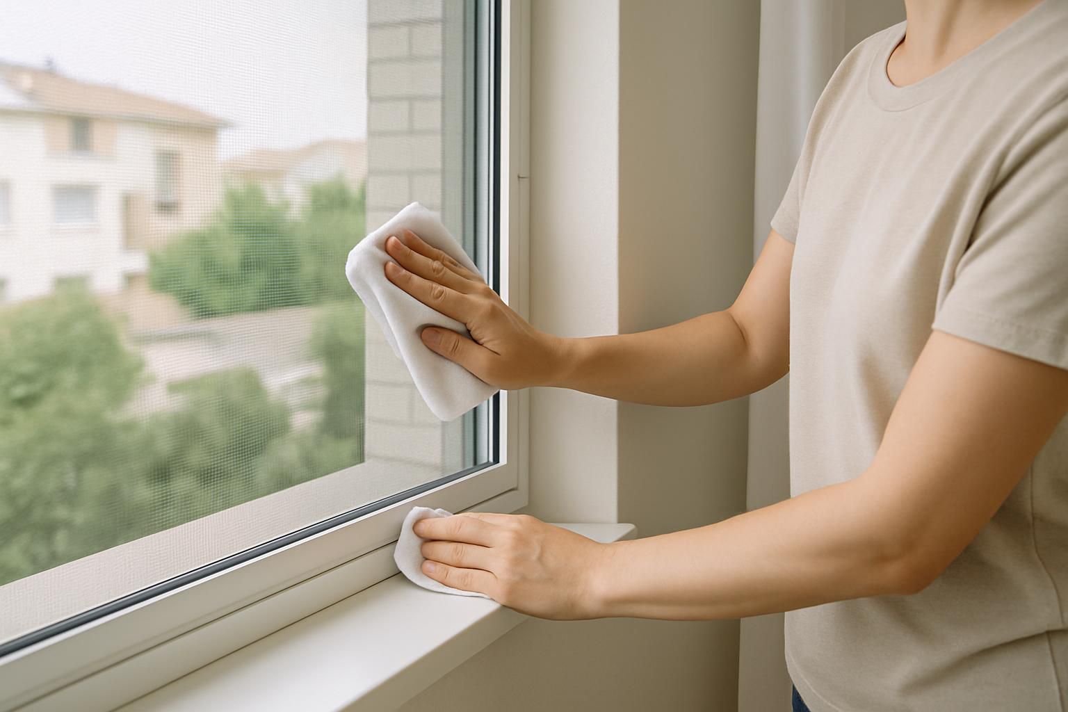 Mantenimiento de mosquiteras con limpieza de malla y guías en una ventana de vivienda