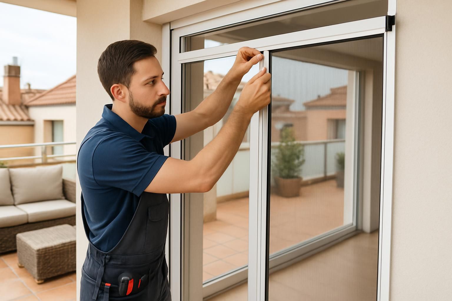 Técnico reparando una mosquitera en una vivienda