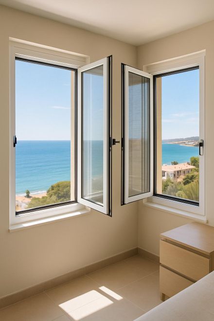 Mosquiteras instaladas en ventanas de una vivienda moderna con ventilación natural
