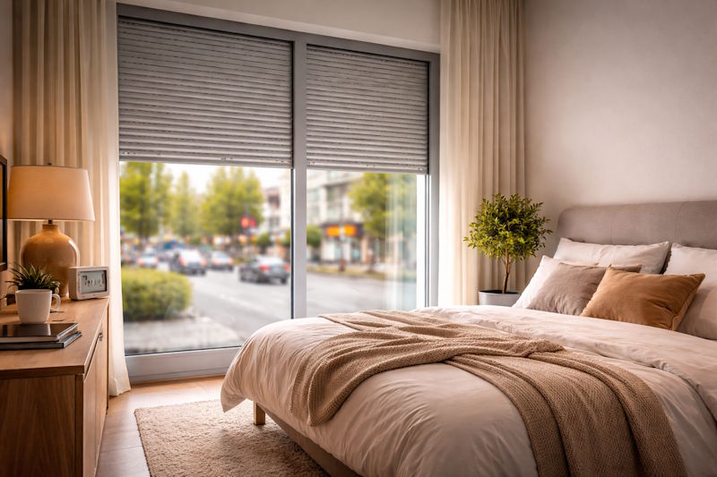 Dormitorio con persianas de aluminio que ayudan a reducir el ruido de la calle