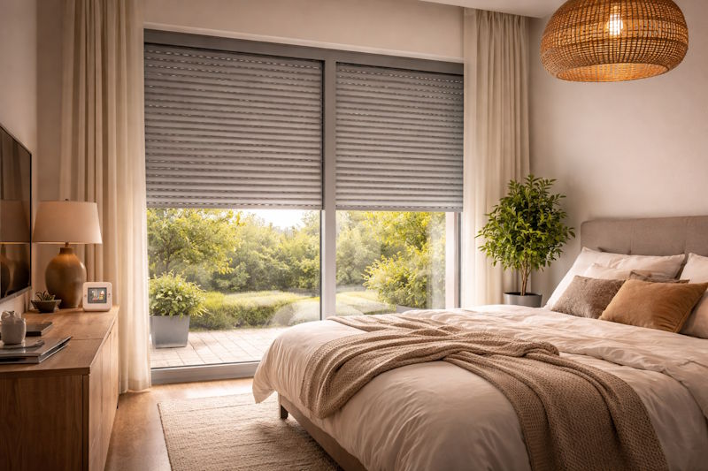 Ventana con persianas de aluminio mejorando el aislamiento térmico de la vivienda