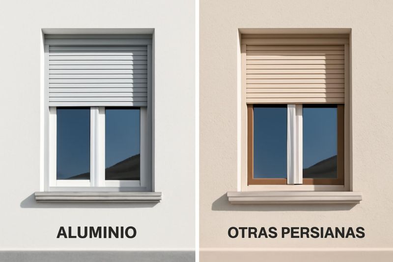 comparación visual entre persiana de aluminio pvc y madera en diferentes ventanas