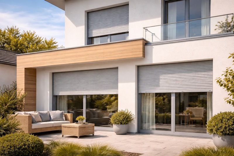 Fachada de vivienda con persianas de aluminio de diseño moderno y elegante