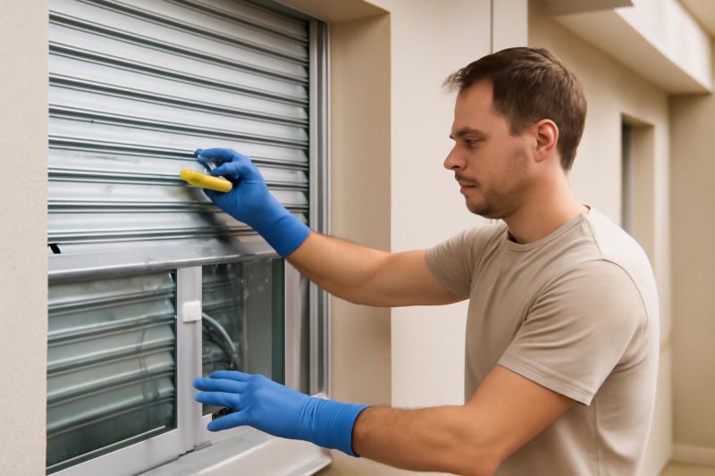 persona limpiando lamas de persiana de aluminio con agua y jabón en ventana