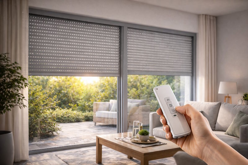Ventana con persianas de aluminio motorizadas en una vivienda moderna