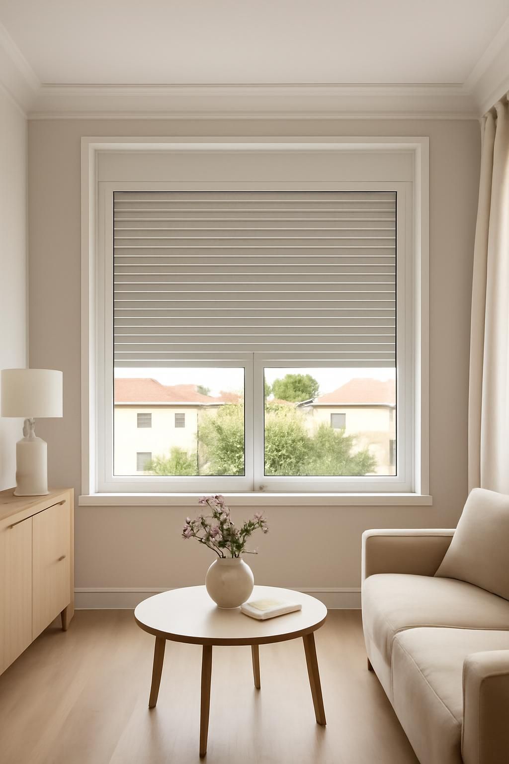 Persiana de PVC instalada en una ventana de vivienda moderna mostrando sus características y acabado