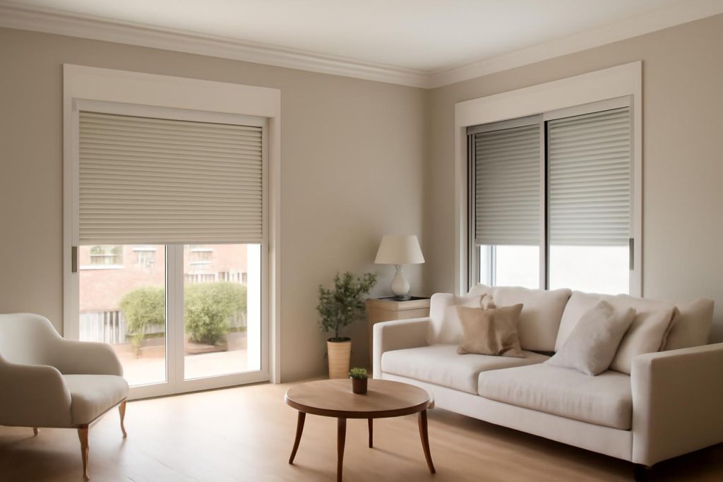 Comparación visual entre persianas de PVC y aluminio en vivienda moderna