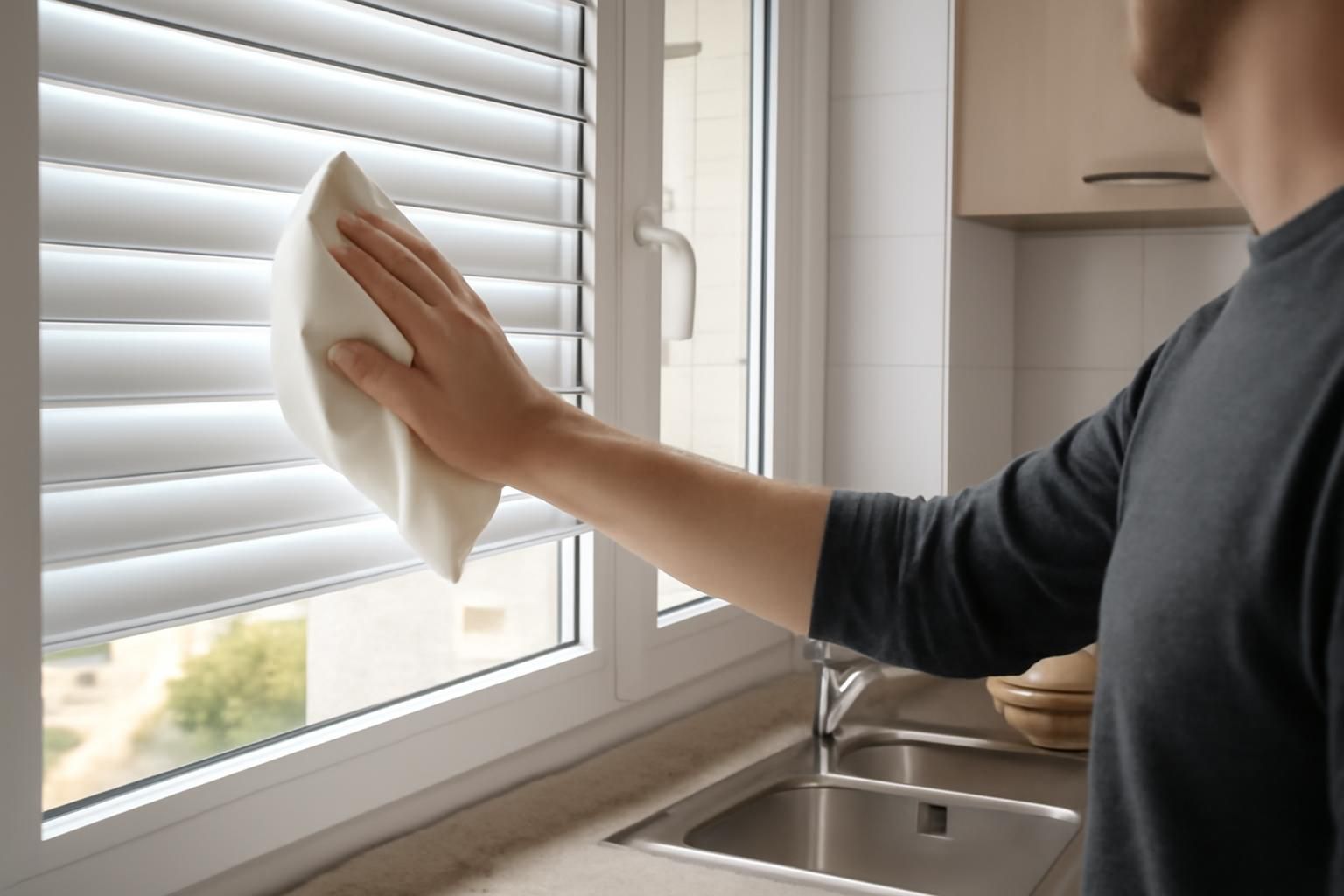 Persona limpiando una persiana de PVC blanca en una ventana