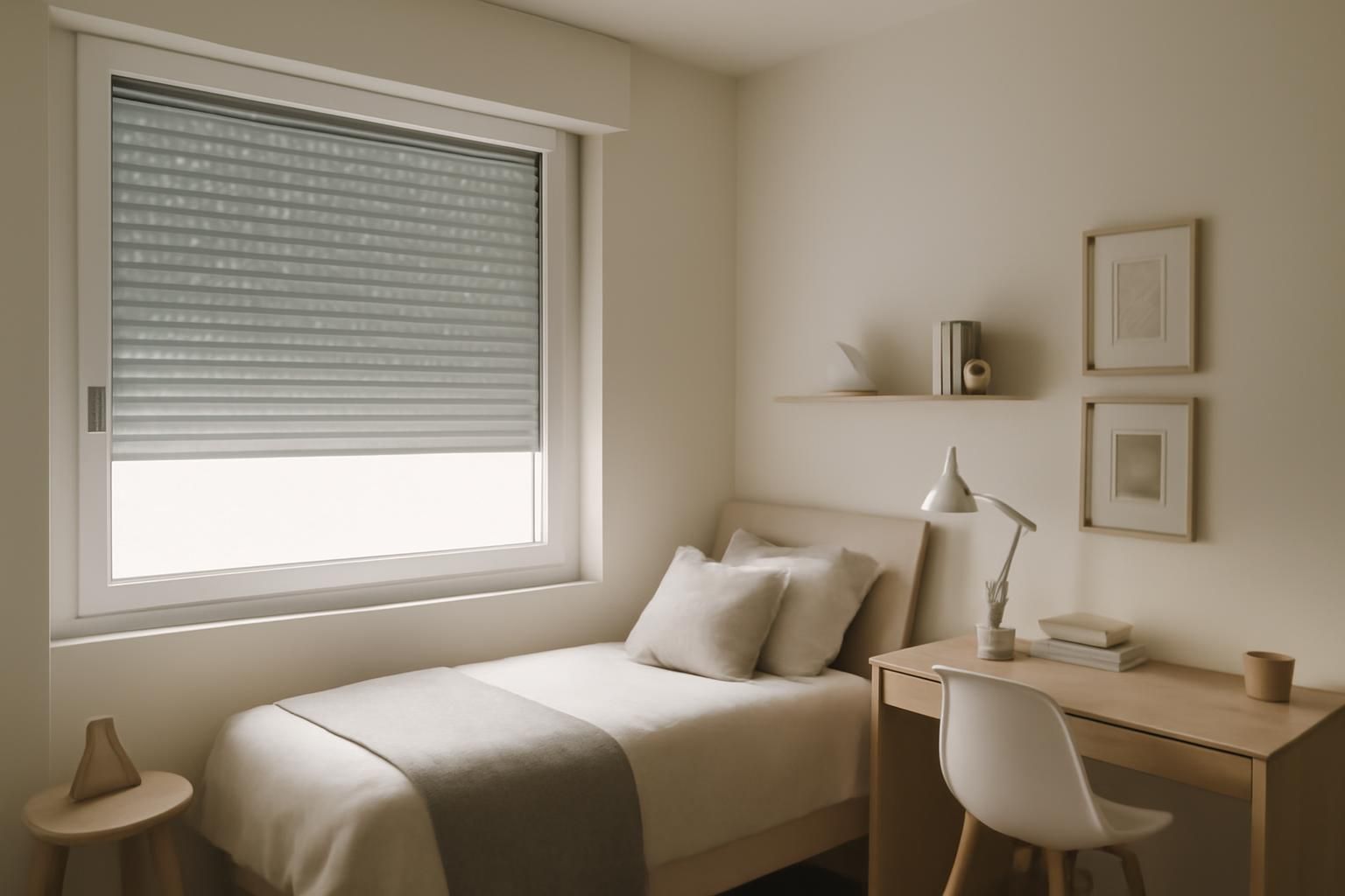 Persiana de PVC instalada en dormitorio mostrando protección solar y privacidad
