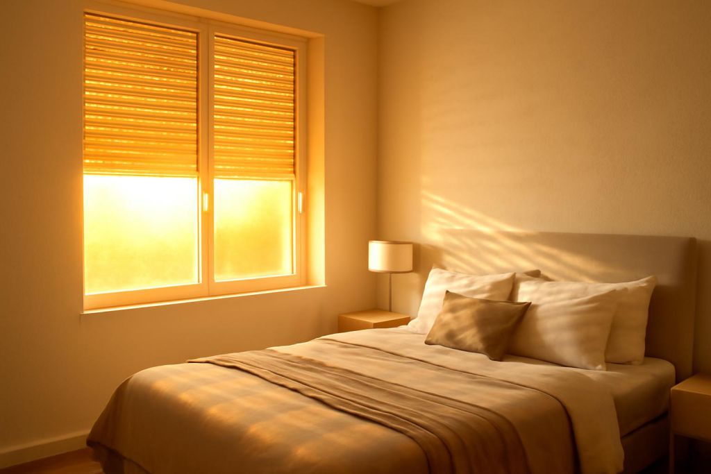 Ventana con persiana de PVC expuesta a fuerte radiación solar en vivienda española