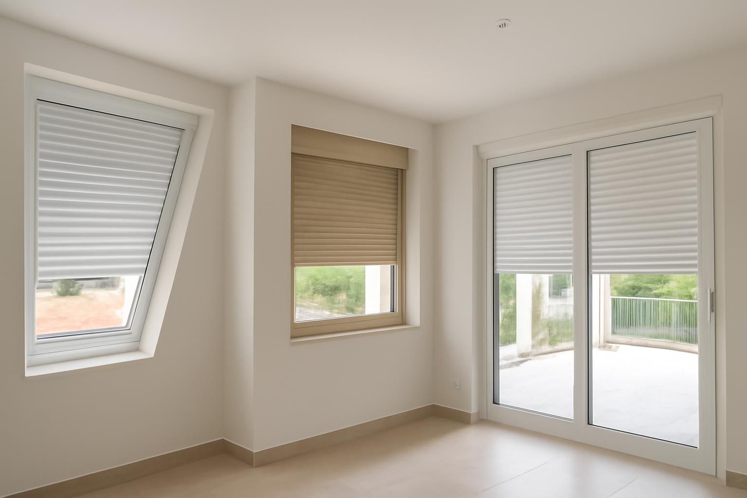 Diferentes persianas de PVC en varias ventanas de vivienda y oficina