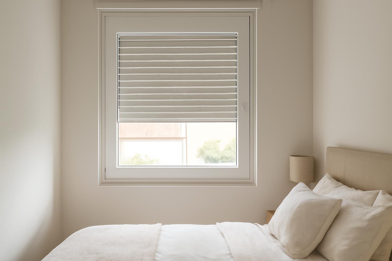 Persiana de PVC de lamas estrechas en ventana de dormitorio